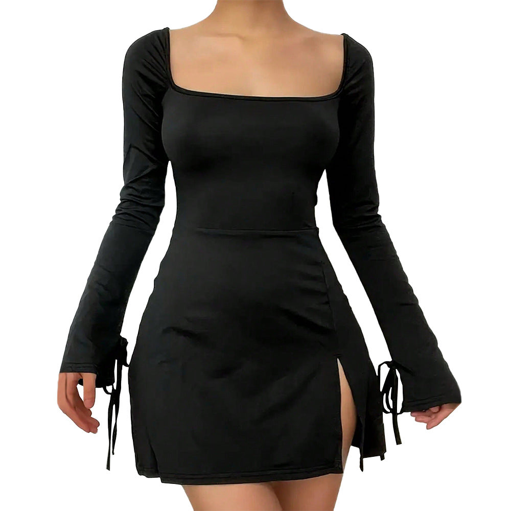 Damen Minikleid mit V-Ausschnitt und Schnürung Langarm