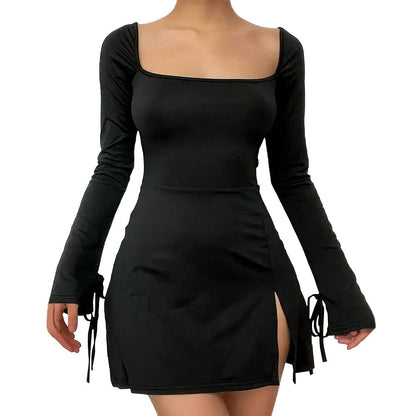 Damen Minikleid mit V-Ausschnitt und Schnürung Langarm