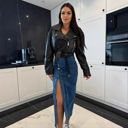 Damen Denim-Rock Lang Mit Seitlichem Schlitz Blau