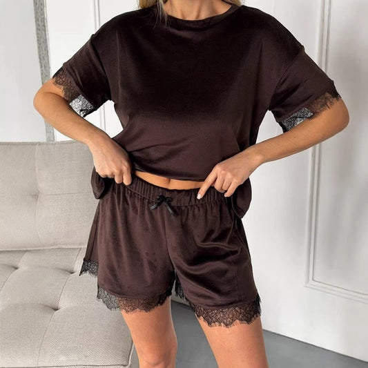 Damen Schlafanzug Set Spitzendetails Weiß - Eveloria