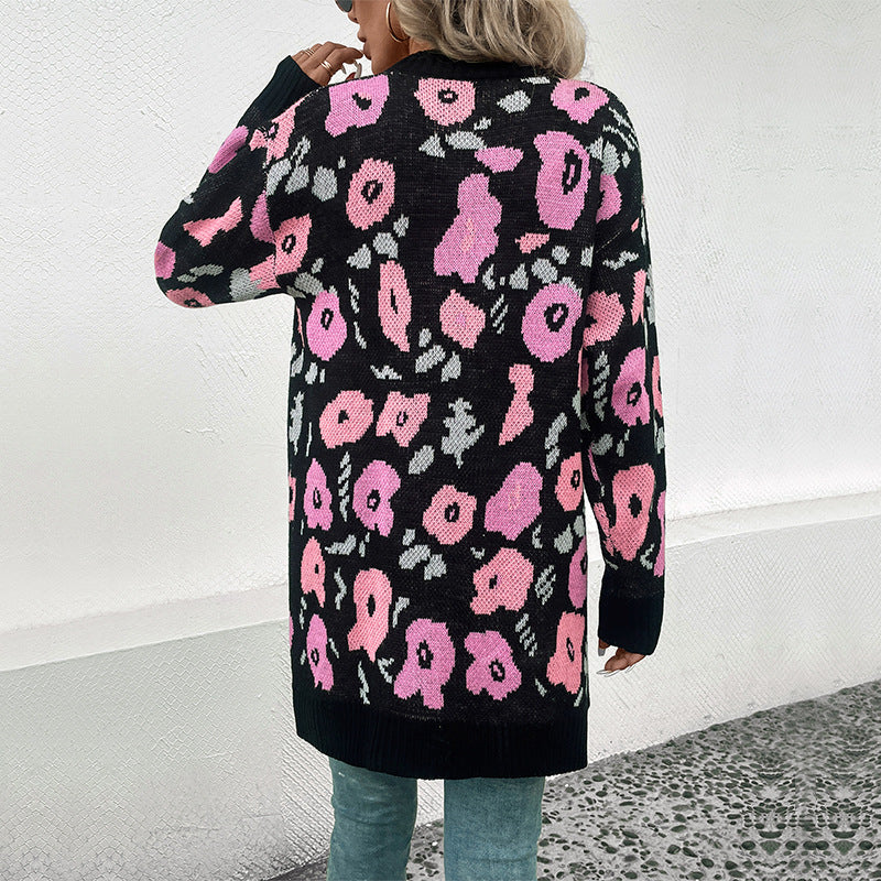 Damen Strickjacke Florales Muster Offener Schnitt