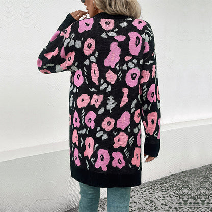 Damen Strickjacke Florales Muster Offener Schnitt