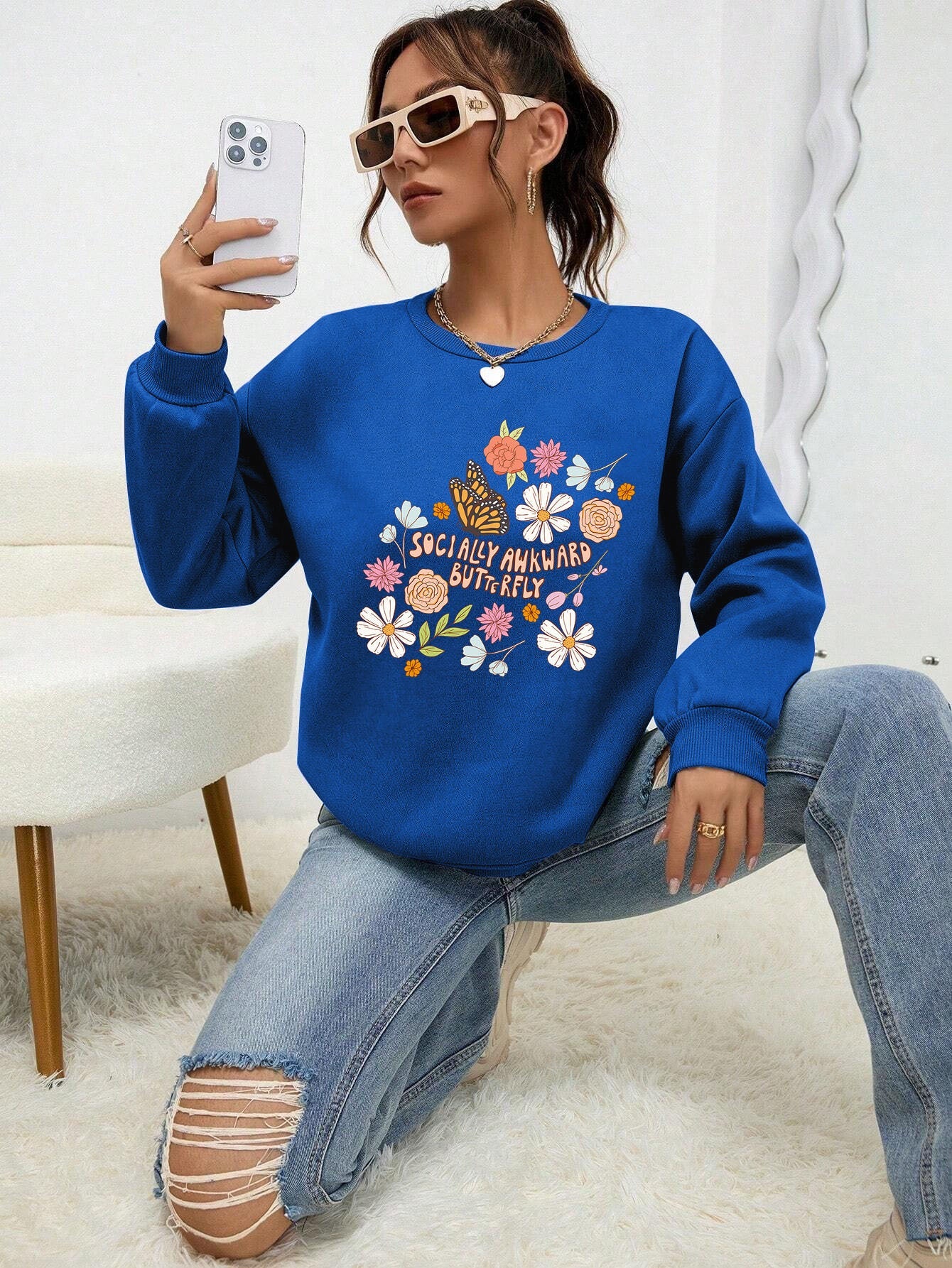 Damen Sweatshirt Floralmuster Weich Pastell