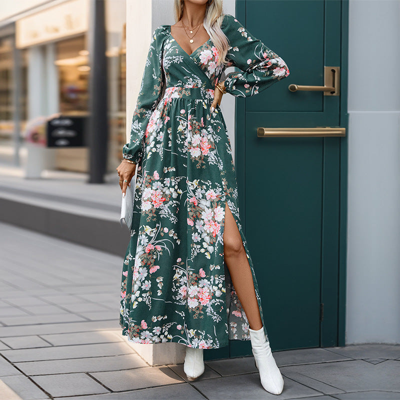 Damen Maxikleid Floralmuster Schlitz