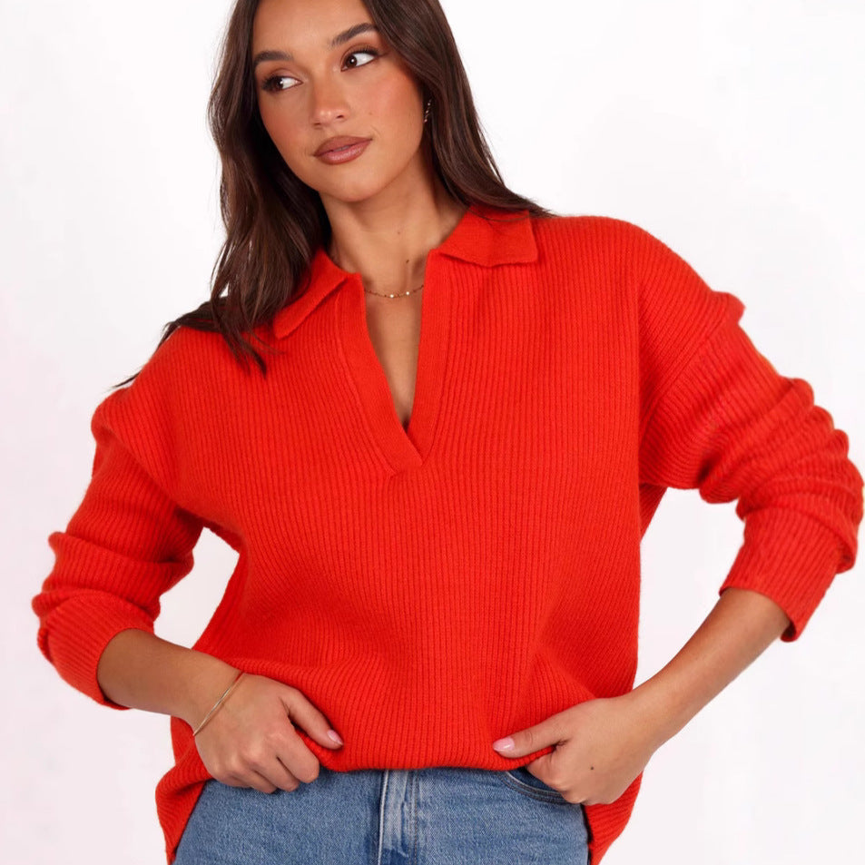 Damen Oversized Pullover V-Ausschnitt Rippenstruktur Beige