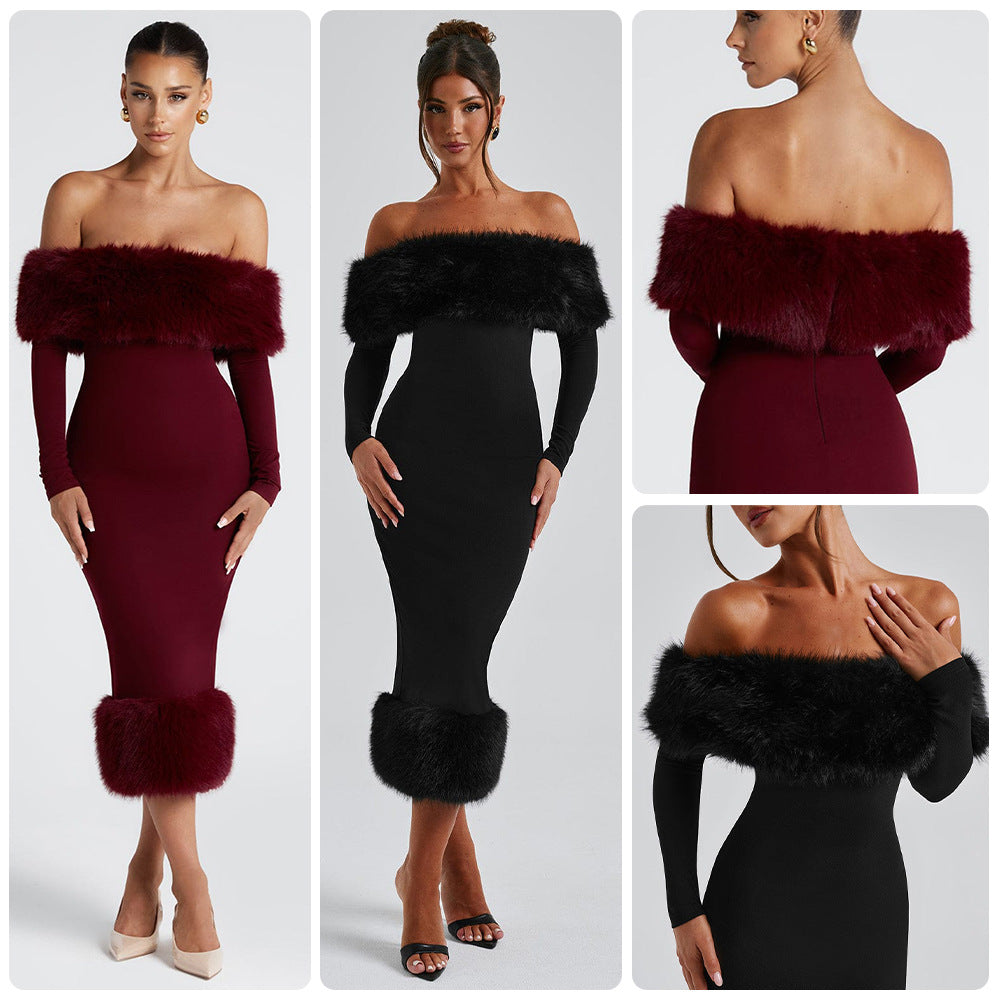 Damen Kleid Figurbetont mit abnehmbarem Kunstfell Schwarz Eveloria - Eveloria
