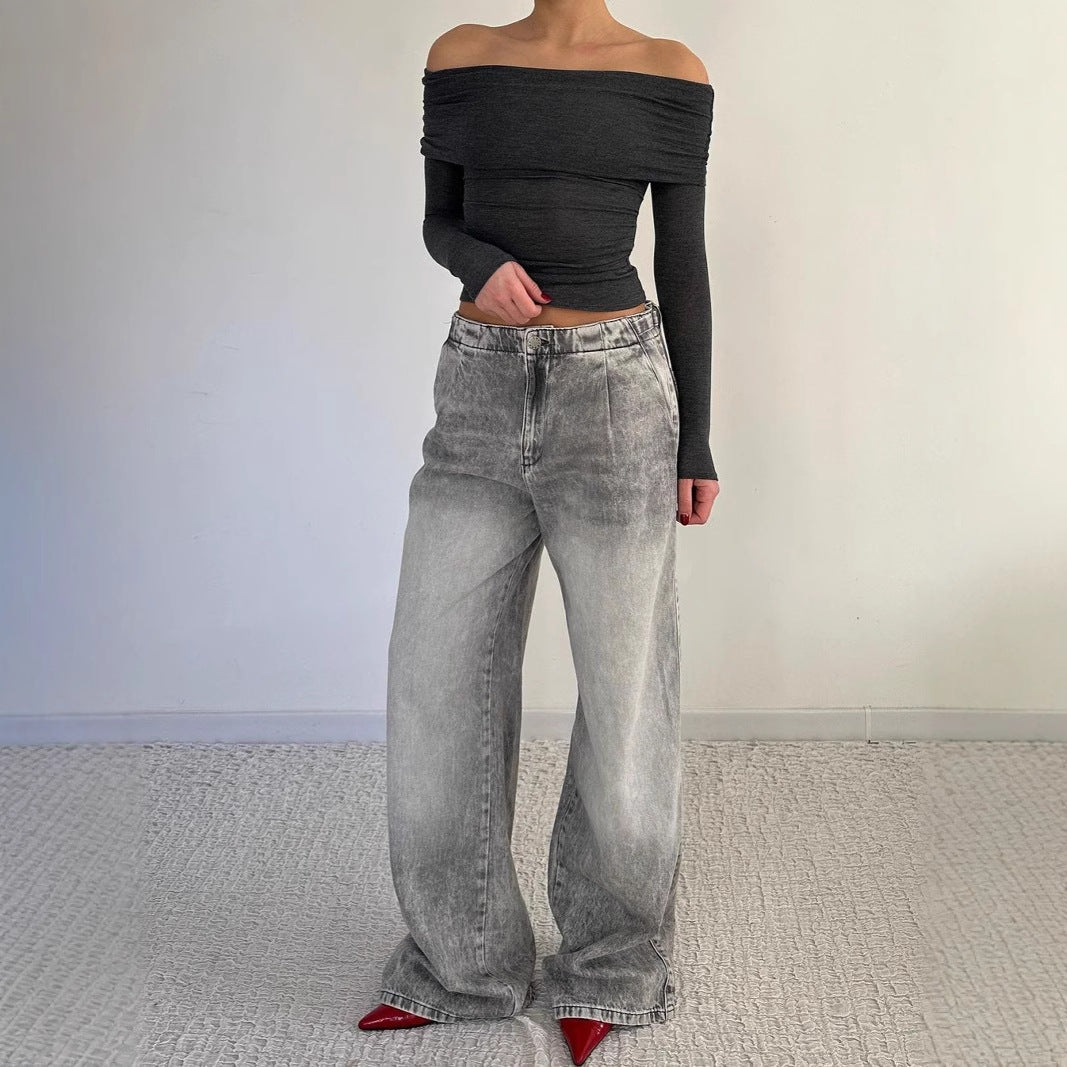 Damen Weite Jeans Lässig Blau Eveloria