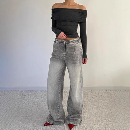 Damen Weite Jeans Lässig Blau Eveloria