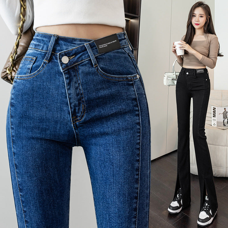 Damen Highwaist Flared Jeans mit Schlitzen Eveloria