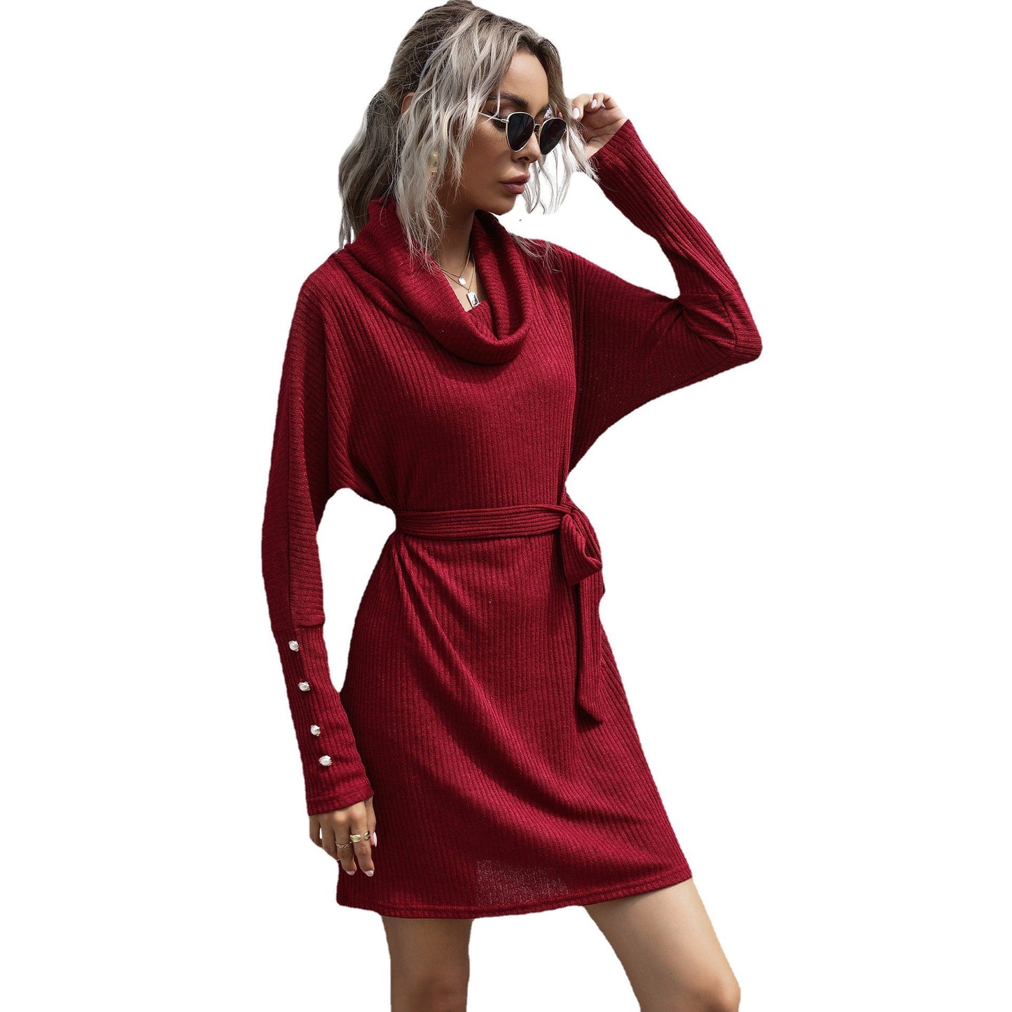 Damen Strickkleid Weiter Kragen Taillierter Gurt Eveloria