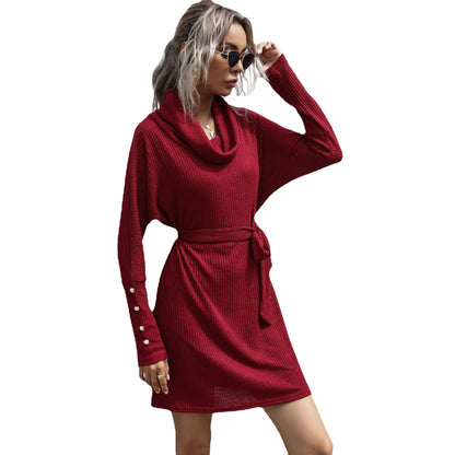 Damen Strickkleid Weiter Kragen Taillierter Gurt Eveloria