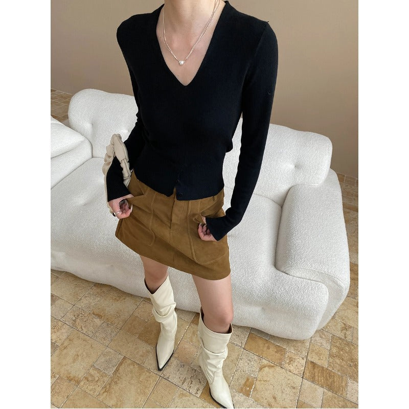 Damen Strickpullover V-Ausschnitt Feinripp mit Knöpfen und schmalen