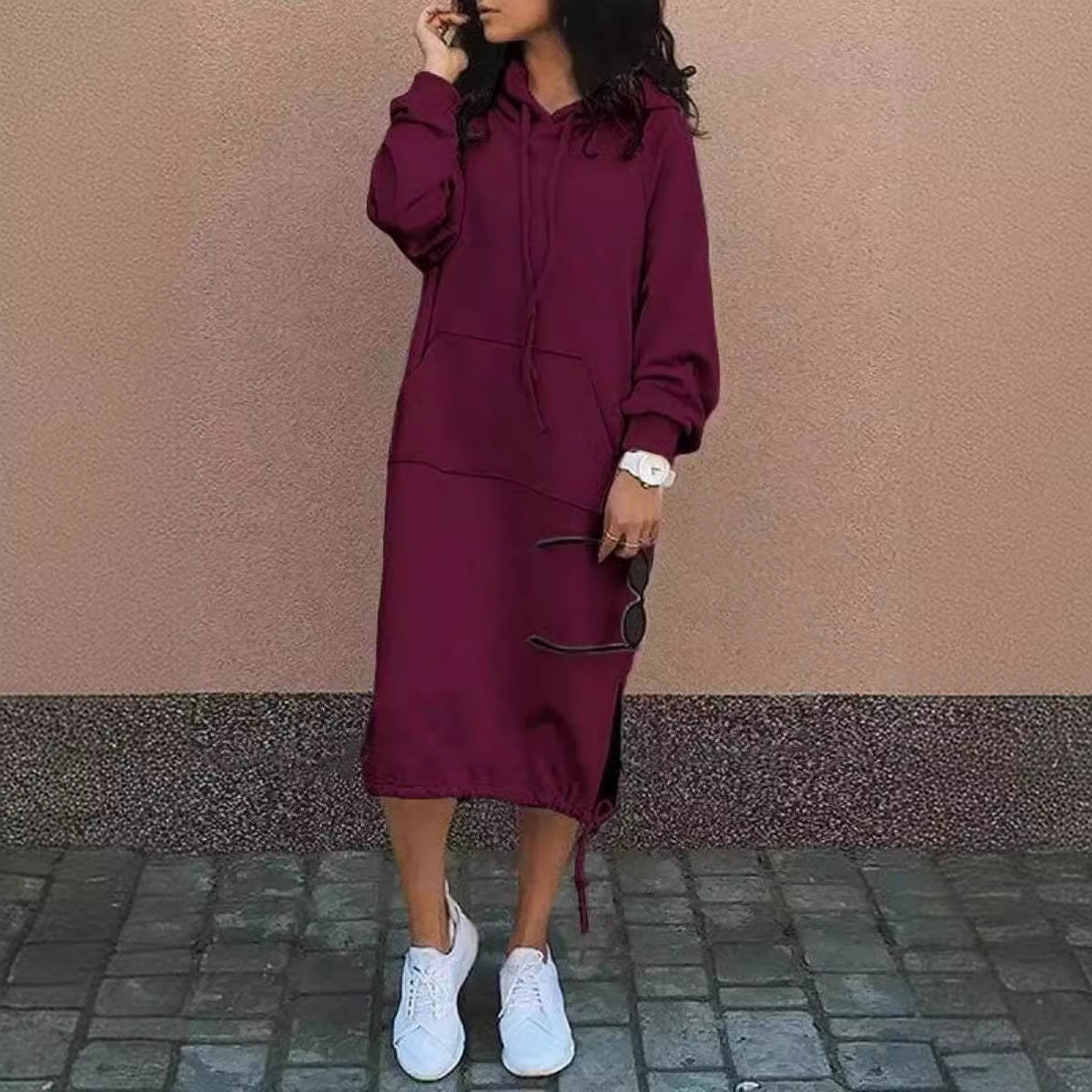 Damen Hoodie-Kleid Baumwolle Eingrifftaschen Regulierbar