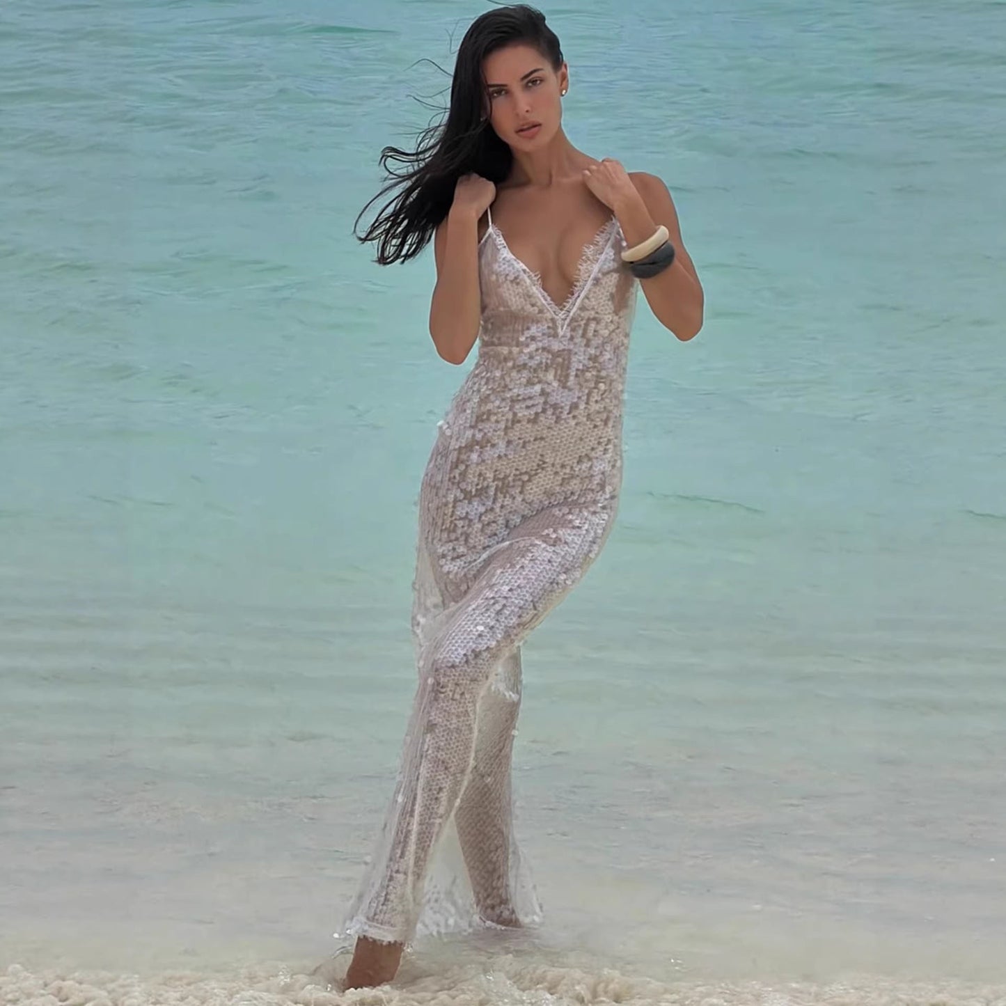 Damen Strandkleid Glitzernd V-Ausschnitt Spaghettiträger Eveloria