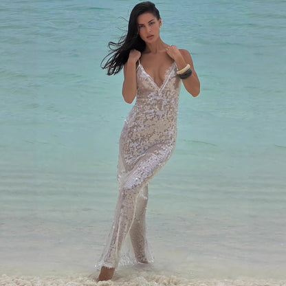Damen Strandkleid Glitzernd V-Ausschnitt Spaghettiträger Eveloria