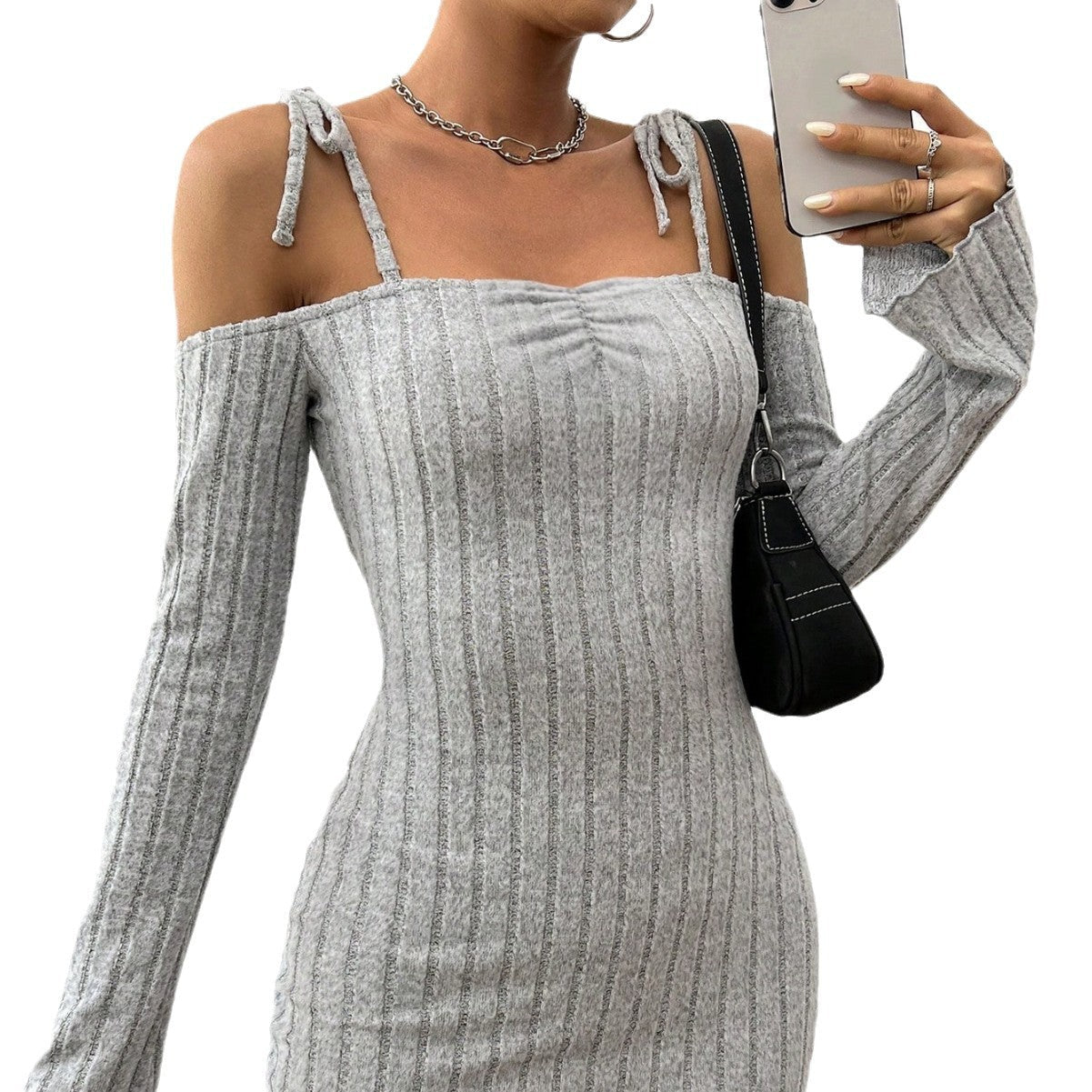 Damen Minikleid Schulterfrei Rippstrick Eveloria