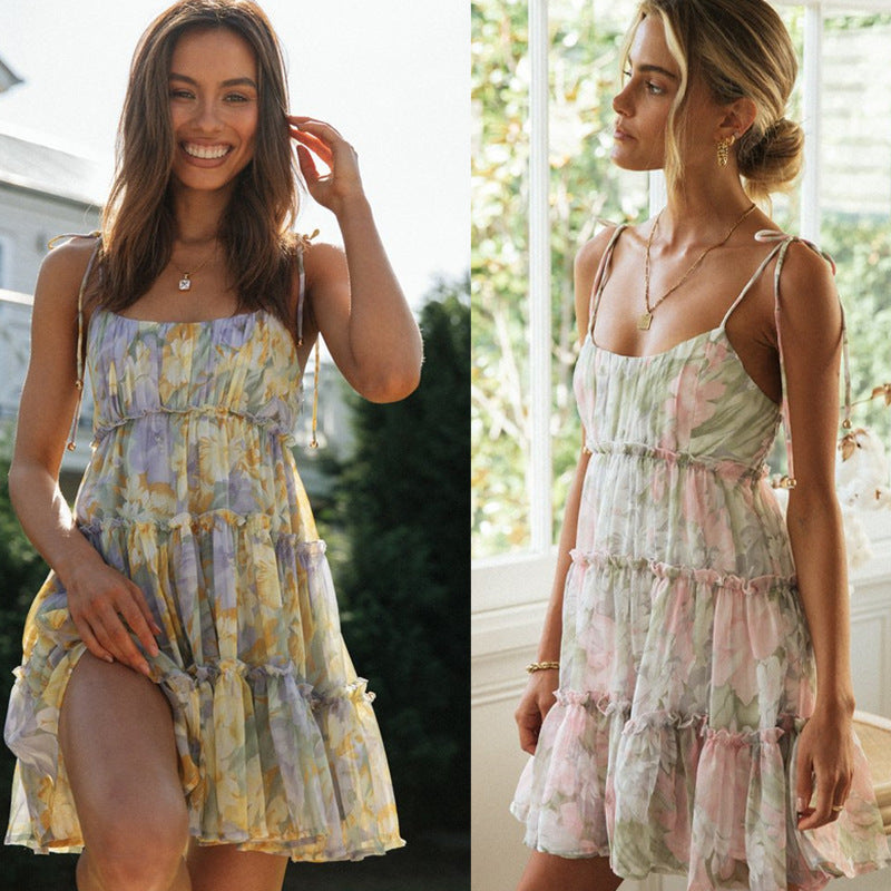 Damen Sommerkleid Luftig Rüschen Spaghetti-Träger Eveloria - Eveloria