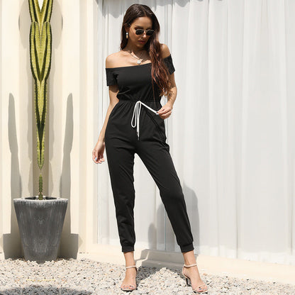 Damen Jumpsuit Schulterfrei Verstellbarer Bund Eveloria