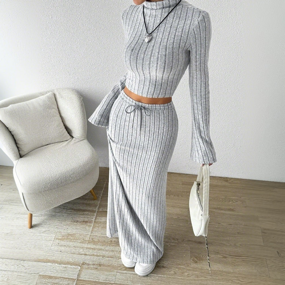 Damen Langarm Crop- und Maxi-Rock Set Rippstruktur Eveloria