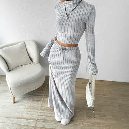 Damen Langarm Crop- und Maxi-Rock Set Rippstruktur Eveloria