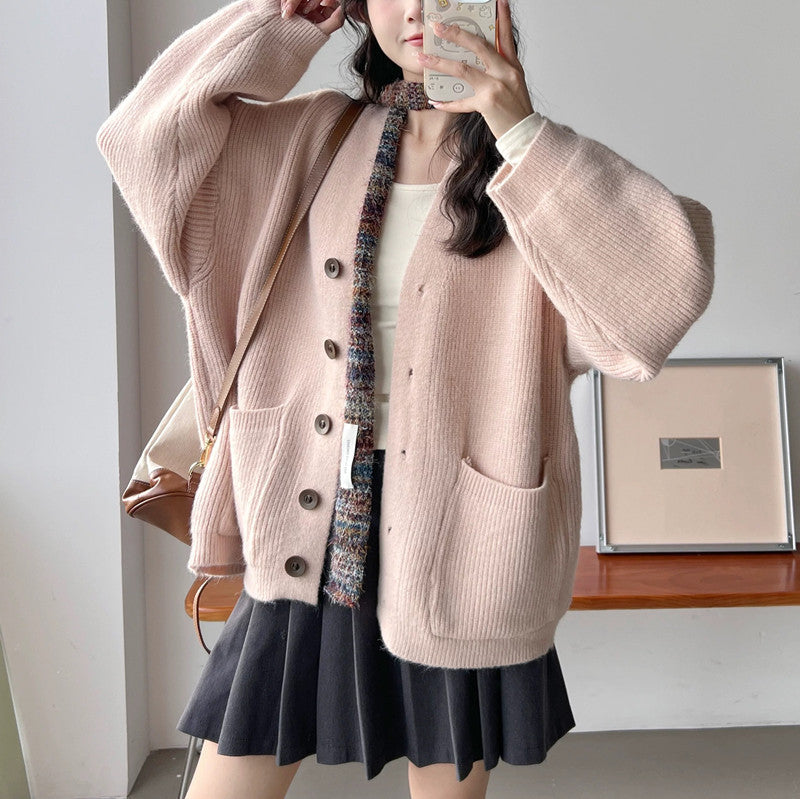Damen Strickjacke Kuschelig Große Taschen Knöpfe Beige