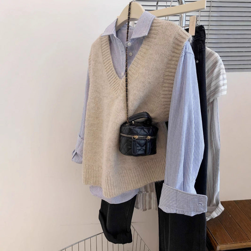 Damen Strickpullover V-Ausschnitt Lässiger Denim Look Blau