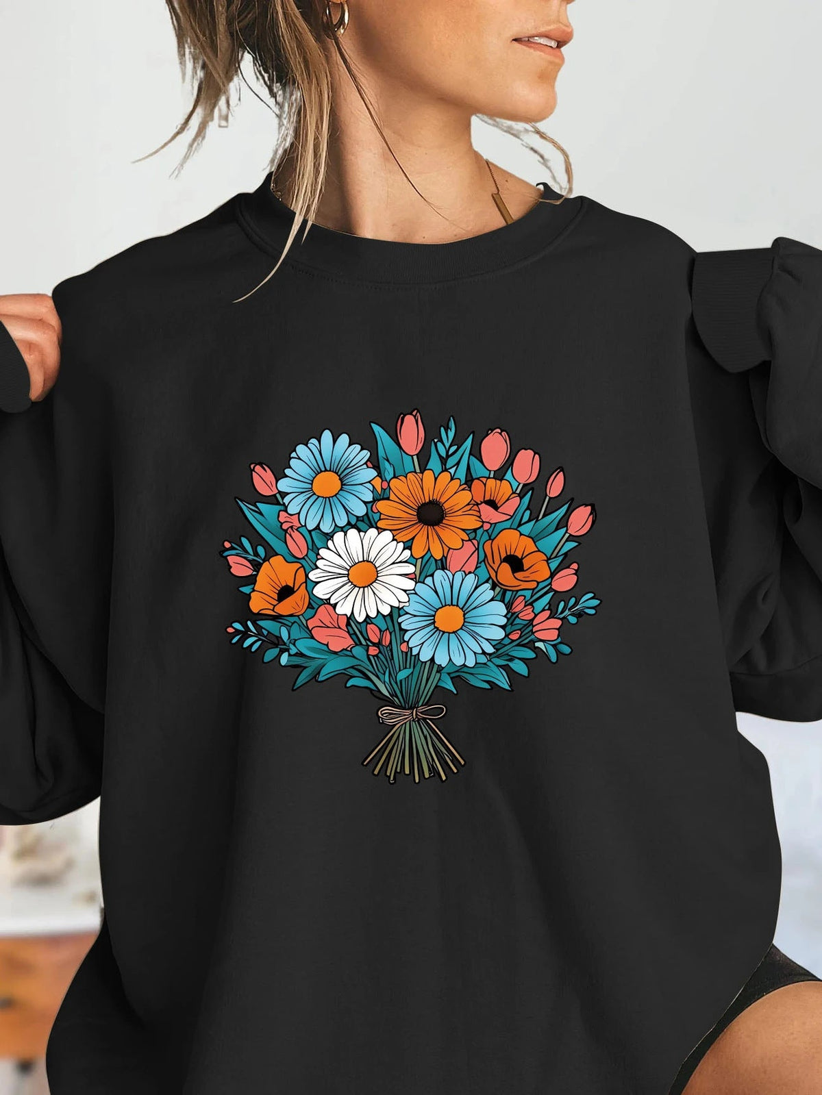 Damen Oversized Sweatshirt Florale Grafikdetails Grau