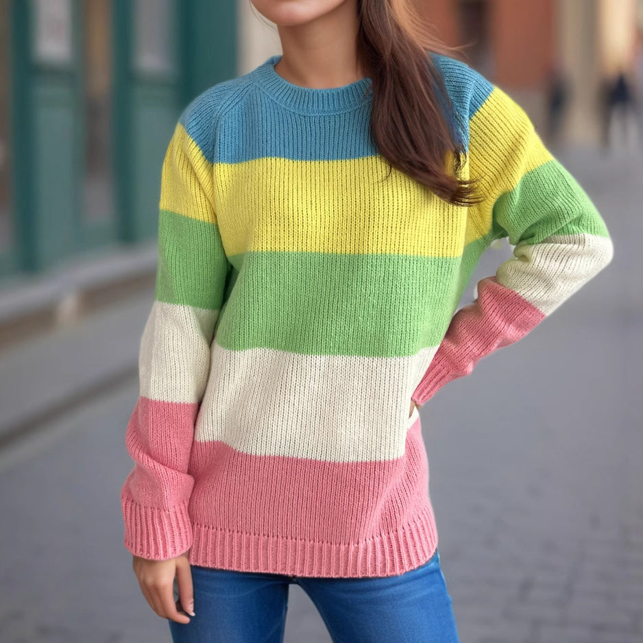 Damen Strickpullover Gestreift Bunt Lässig