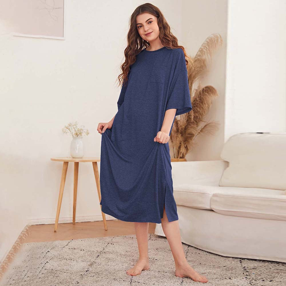 Damen Nachtkleid mit Schlitzen und Brusttasche Eveloria