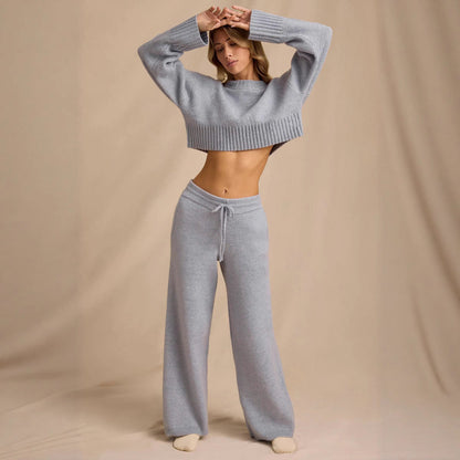 Damen Strick-Set Cropped Pullover Weite Hose Beige