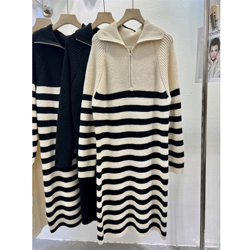 Damen Strickkleid Stehkragen Halb-Reißverschluss Eveloria