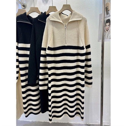 Damen Strickkleid Stehkragen Halb-Reißverschluss Eveloria
