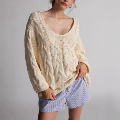 Damen Strickpullover Zopfmuster Weit Ausschnitt Eveloria