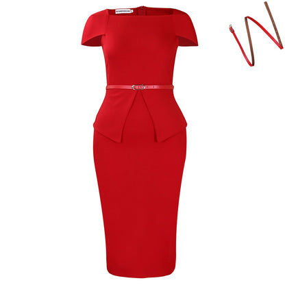 Damen Cocktailkleid Figurbetont Peplum Design Gürtel