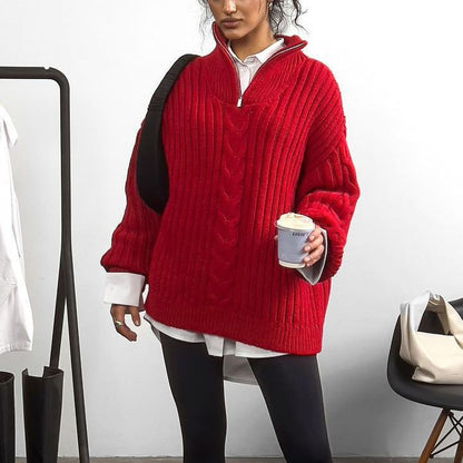 Damen Grobstrickpullover Zip-Kragen Zopf-Design Eveloria