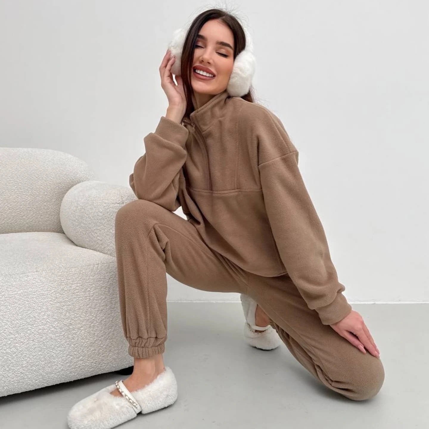Damen Fleece-Loungewear-Set Hochkragen Elastischer Bund Grau Eveloria