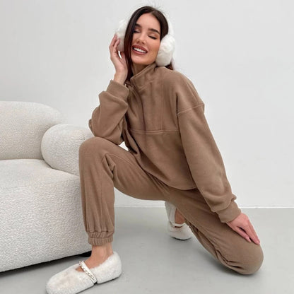 Damen Fleece-Loungewear-Set Hochkragen Elastischer Bund Grau Eveloria