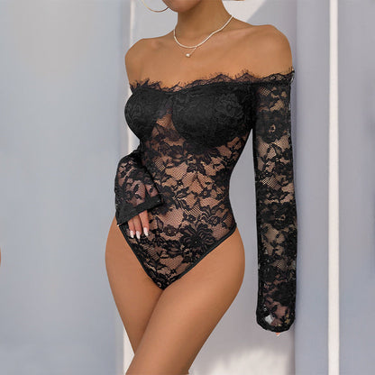 Damen Spitzenbody Off-Shoulder-Ausschnitt Langer Ärmel