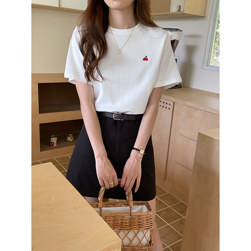 Damen T-Shirt Kurzarm Kirschmotiv Weiß - Eveloria