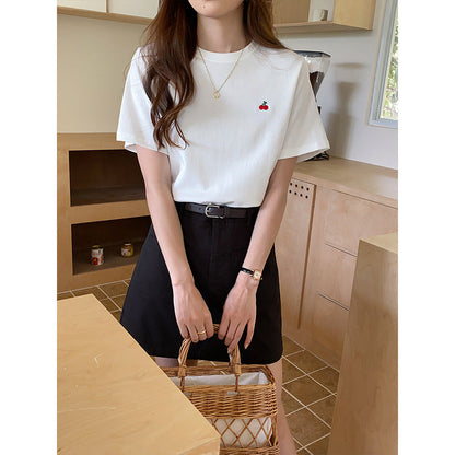 Damen T-Shirt Kurzarm Kirschmotiv Weiß - Eveloria