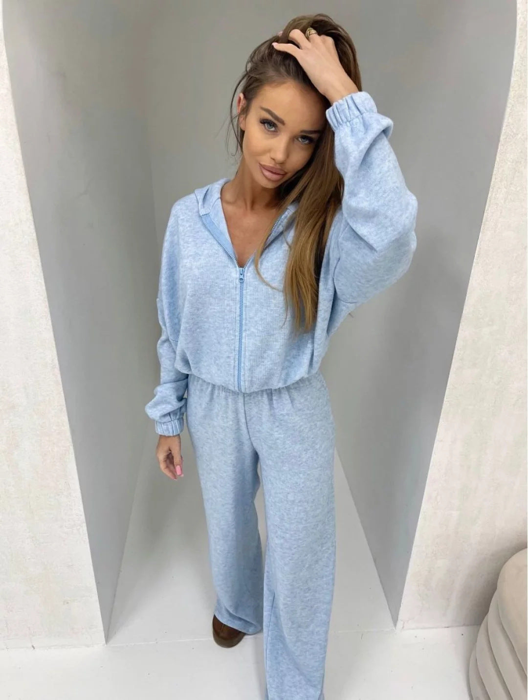 Damen Fleece-Jogginganzug mit Kapuze und Reißverschluss