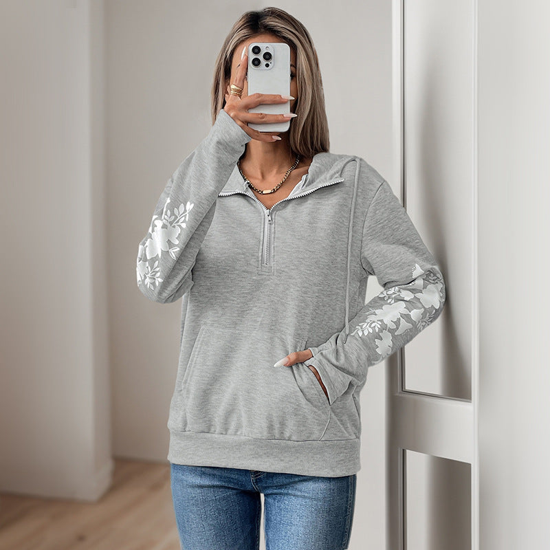 Damen Kapuzenpullover Floralmuster Reißverschlussdetails - Eveloria