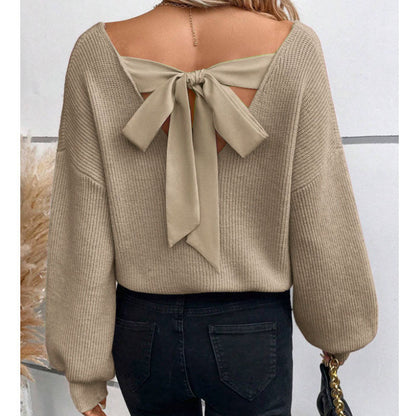 Damen Strickpullover V-Ausschnitt Schleifen-Detail Eveloria