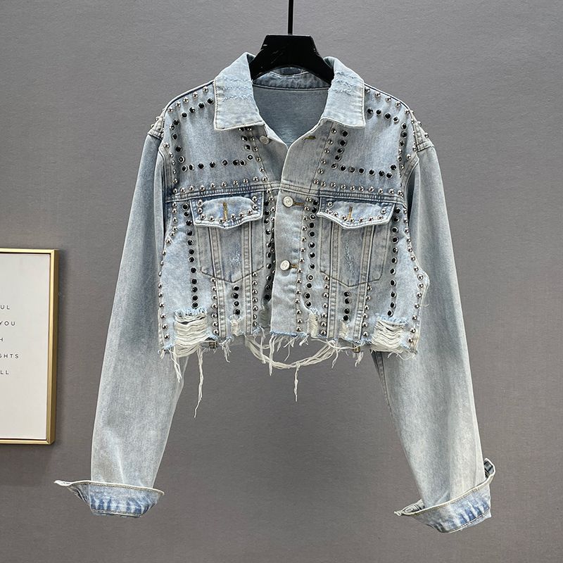 Damen Denimjacke Nieten Fransen Blau Eveloria