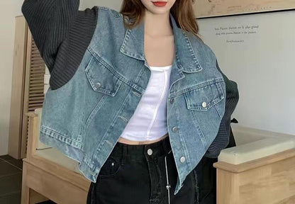 Damen Oversized Denimjacke Strickdetails Blau Eveloria