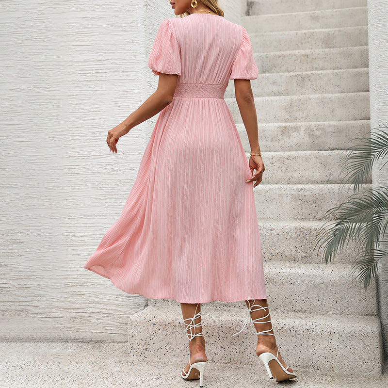 Damen Maxikleid V-Ausschnitt Knöpfe Eveloria