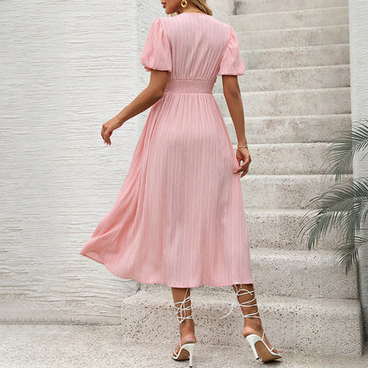 Damen Maxikleid V-Ausschnitt Knöpfe Eveloria