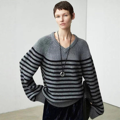 Damen Pullover V-Ausschnitt Streifenmeliert Grau - Eveloria