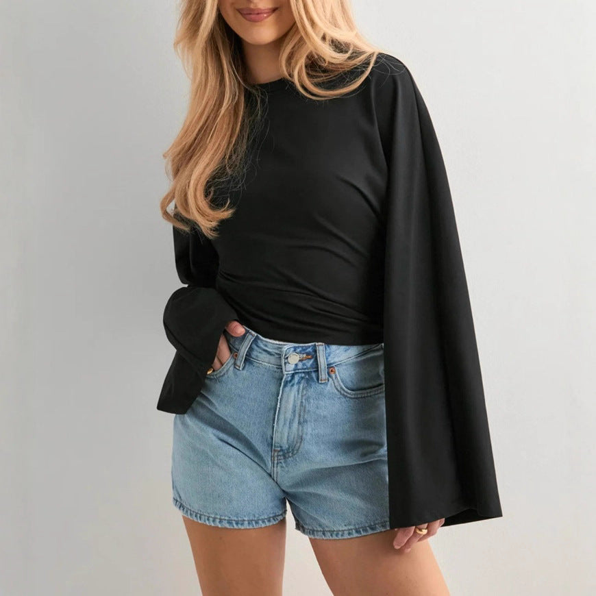 Damen Cropped Langarmshirt Weit Ärmel Eveloria