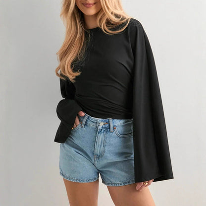 Damen Cropped Langarmshirt Weit Ärmel Eveloria